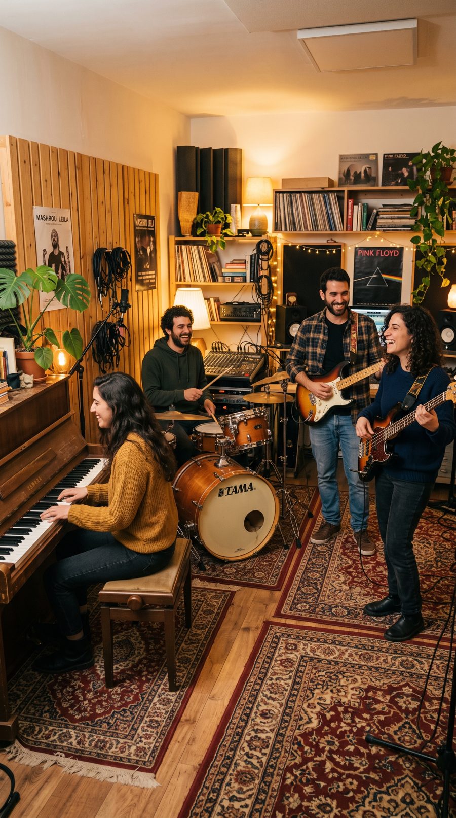 קבוצת חברים מנגנת יחד כהרכב בסטודיו של MostralStudio